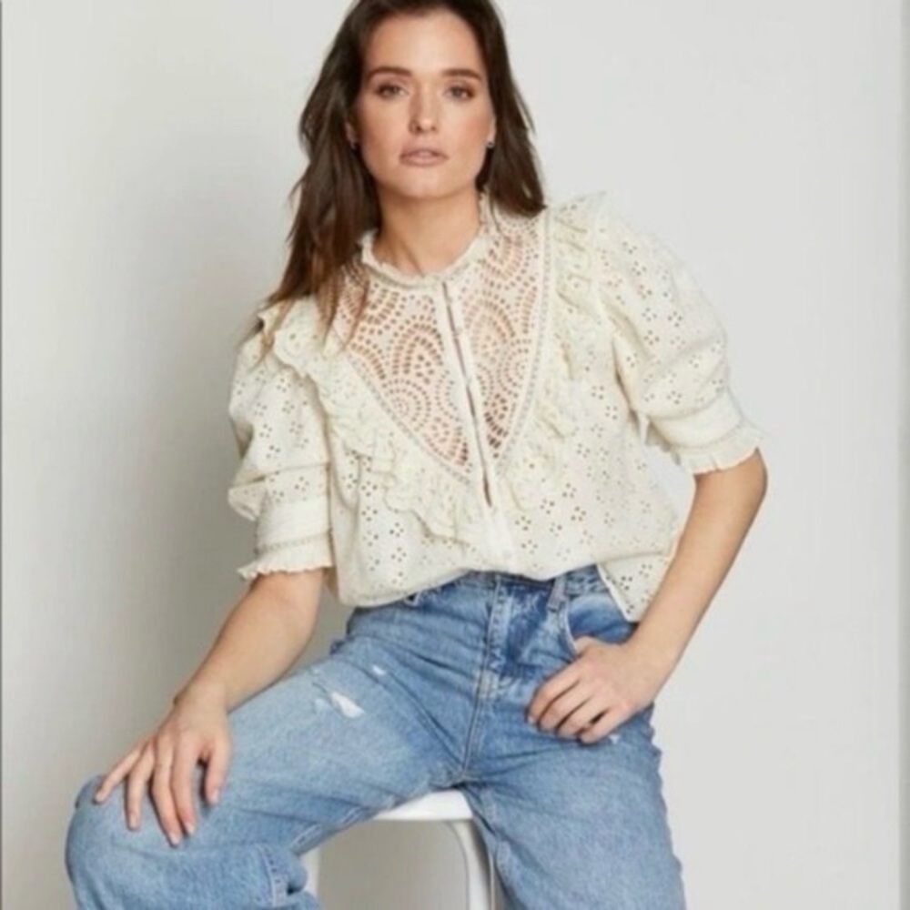 House of Harlow 1960 Eyelet Lace Ruffle Blouse Embroidered Shirt Top Cream Sz S